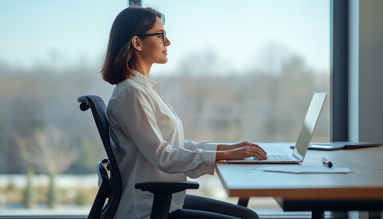 Person practicing seated posture alignment at a desk
